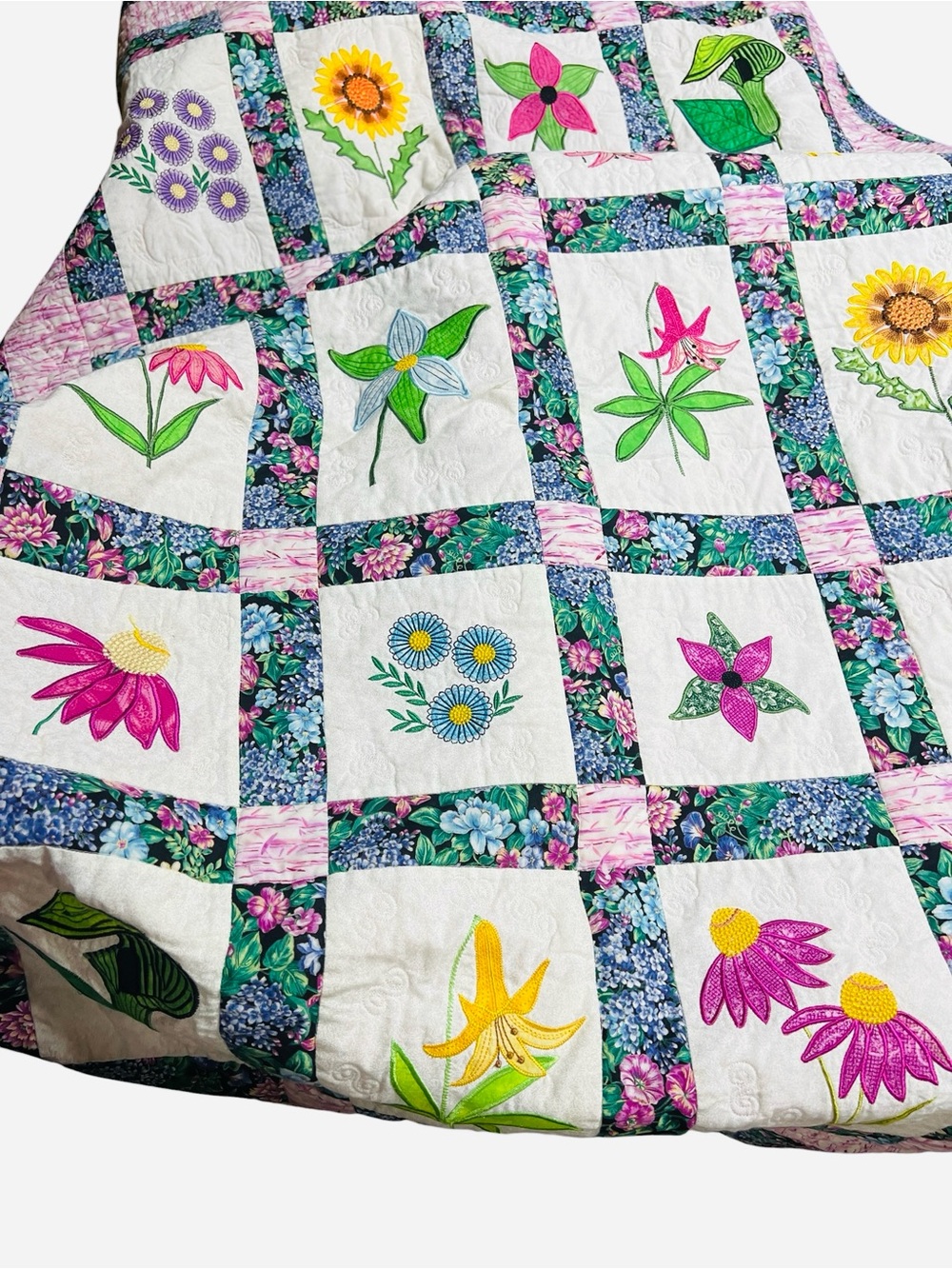 Handmade Floral Appliqué & Embroidered Quilt - Vibrant Botanical Garden Throw